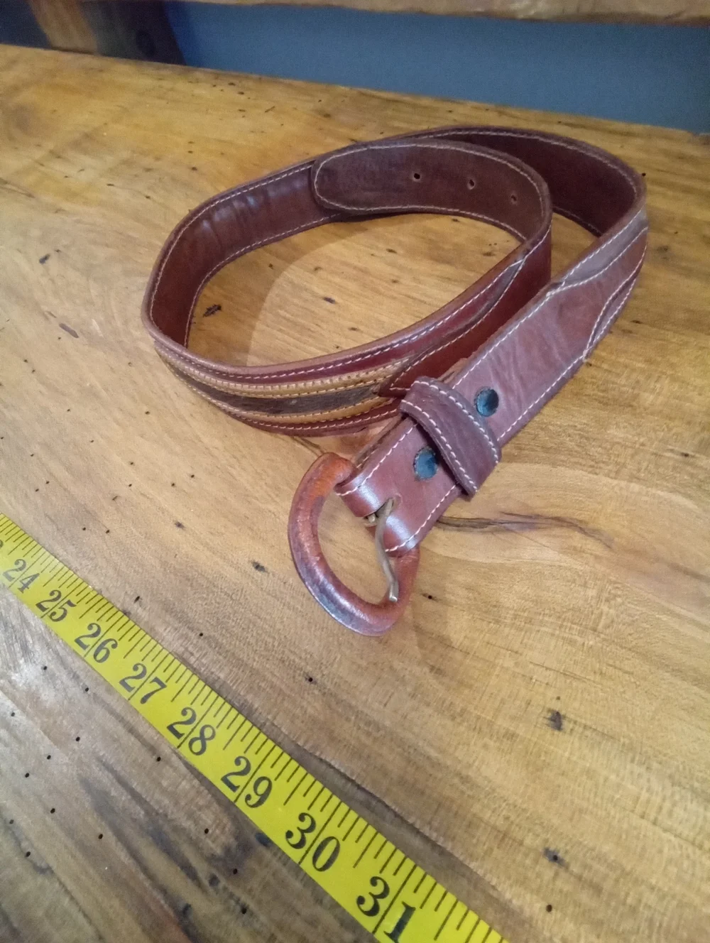 Men's Western Brown Woven Leather & Calf Hair Belt Sz 32 Leather Buckle
